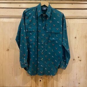Liz Wear Women's Vintage Flannel Button Down Shirt Green Hunting Dog Deer PM